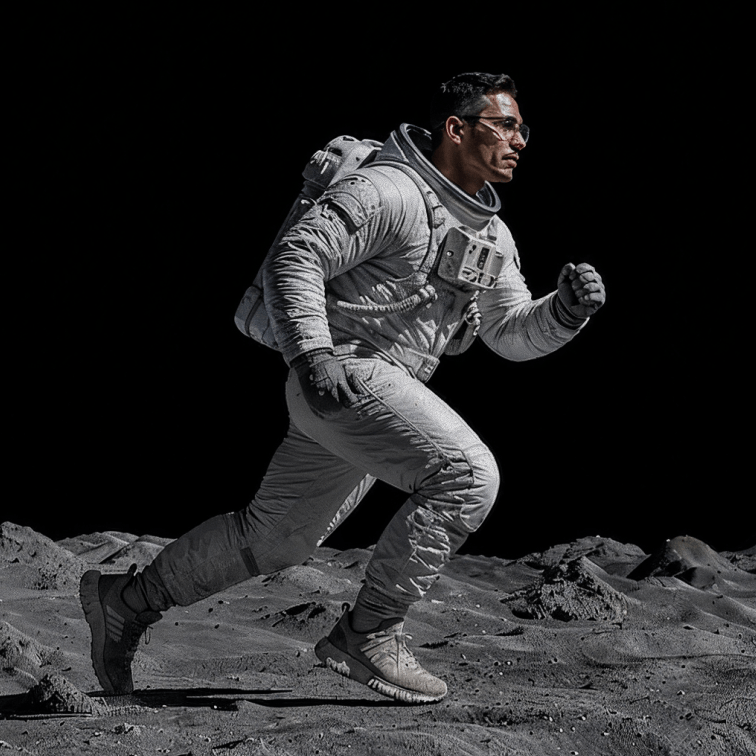 Astronauta correndo sobre um solo lunar