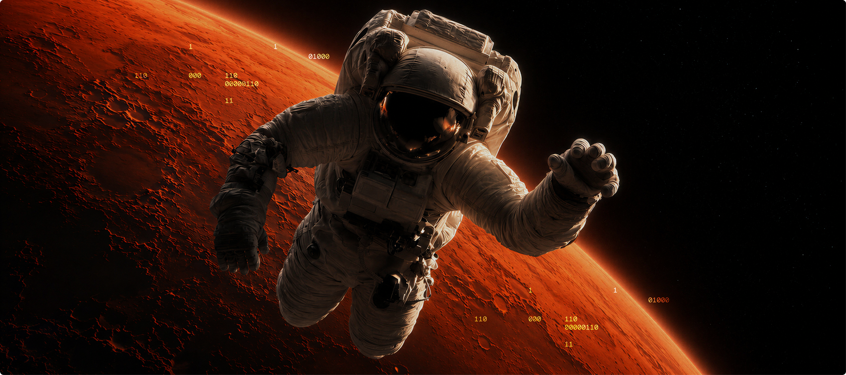 Astronauta flutuando no espaço próximo a um planeta avermelhado