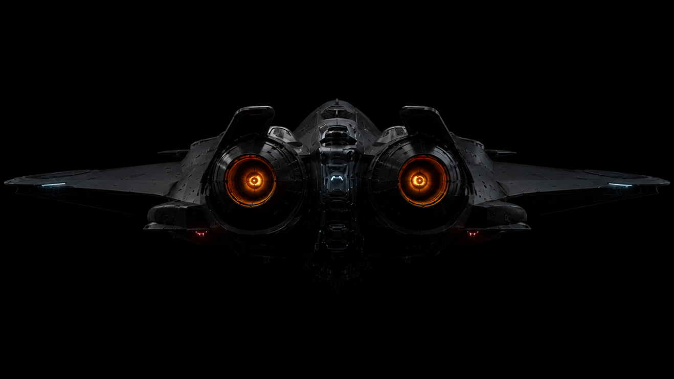 Nave futurista preta com propulsores alaranjados